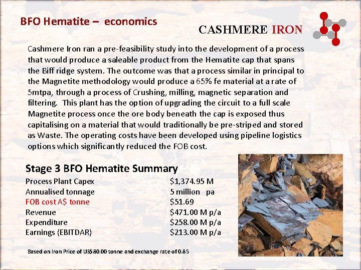 BFO Hematite – economics CASHMERE IRON Cashmere Iron ran a pre-feasibility study into the BFO Hematite – economics CASHMERE IRON Cashmere Iron ran a pre-feasibility study into the