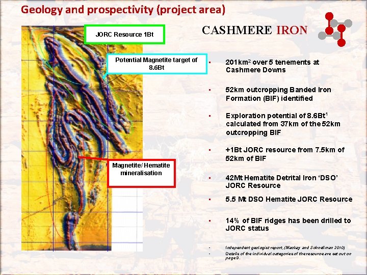 Geology and prospectivity (project area) JORC Resource 1 Bt Potential Magnetite target of 8. Geology and prospectivity (project area) JORC Resource 1 Bt Potential Magnetite target of 8.