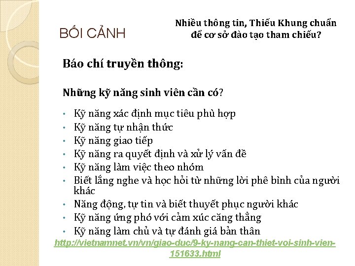 BỐI CẢNH Nhiều thông tin, Thiếu Khung chuẩn để cơ sở đào tạo tham