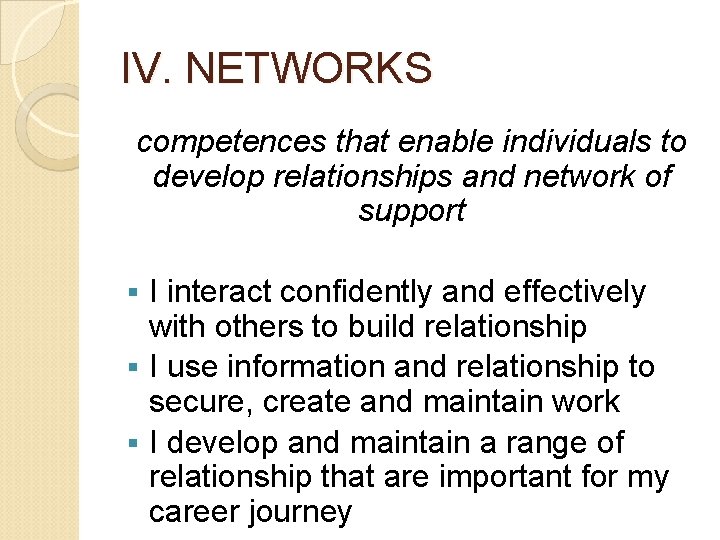 IV. NETWORKS competences that enable individuals to develop relationships and network of support I