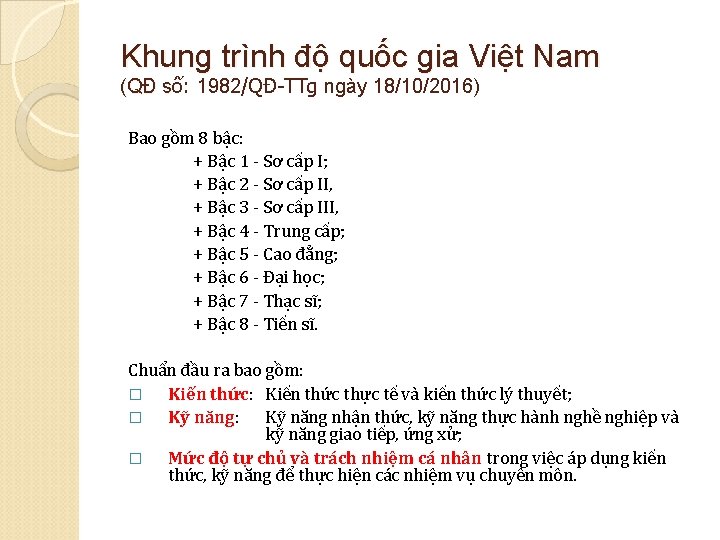 Khung trình độ quốc gia Việt Nam (QĐ số: 1982/QĐ-TTg ngày 18/10/2016) s Bao