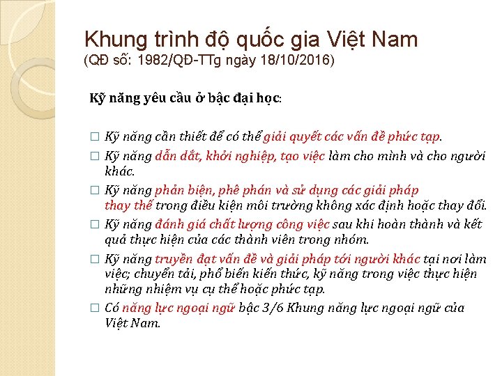 Khung trình độ quốc gia Việt Nam (QĐ số: 1982/QĐ-TTg ngày 18/10/2016) s Kỹ