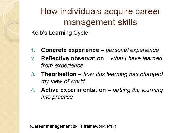 How individuals acquire career management skills Kolb’s Learning Cycle: 1. 2. 3. 4. Concrete