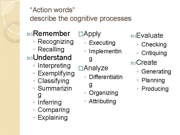 “Action words” describe the cognitive processes Remember ◦ Recognizing ◦ Recalling Understand ◦ ◦