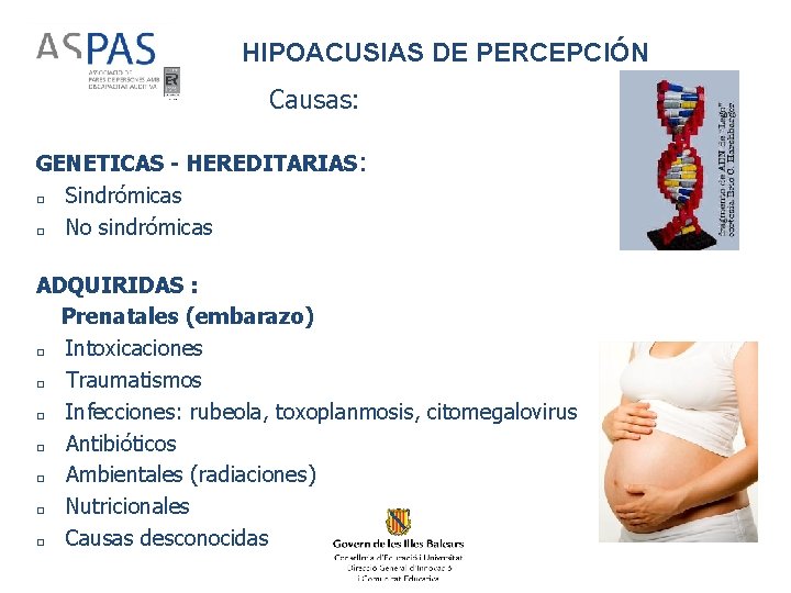 HIPOACUSIAS DE PERCEPCIÓN Causas: GENETICAS - HEREDITARIAS: □ Sindrómicas □ No sindrómicas ADQUIRIDAS :