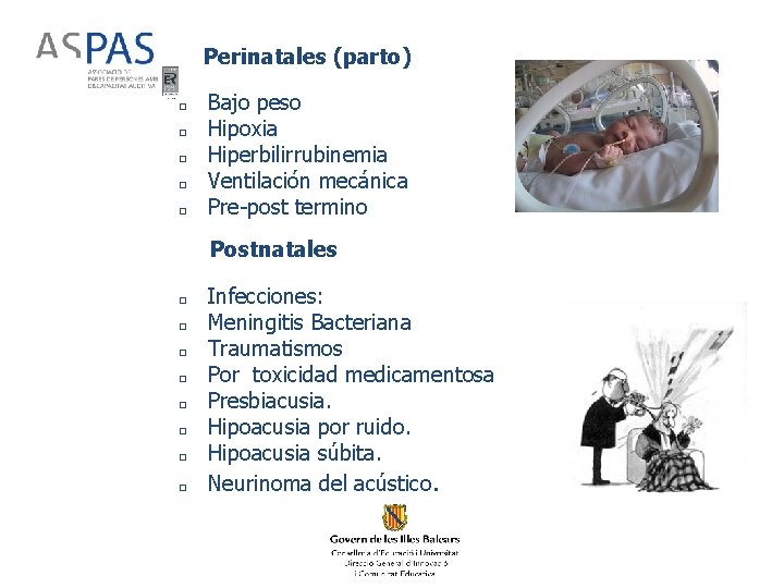 Perinatales (parto) □ □ □ Bajo peso Hipoxia Hiperbilirrubinemia Ventilación mecánica Pre-post termino Postnatales