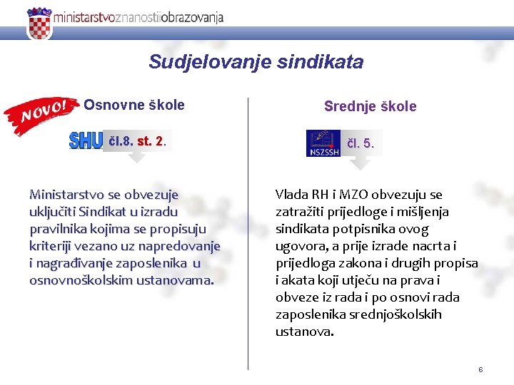 Sudjelovanje sindikata Osnovne škole čl. 8. st. 2. Ministarstvo se obvezuje uključiti Sindikat u