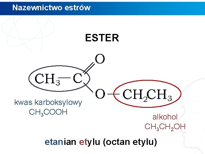 Nazewnictwo estrów ESTER kwas karboksylowy CH 3 COOH alkohol CH 3 CH 2 OH