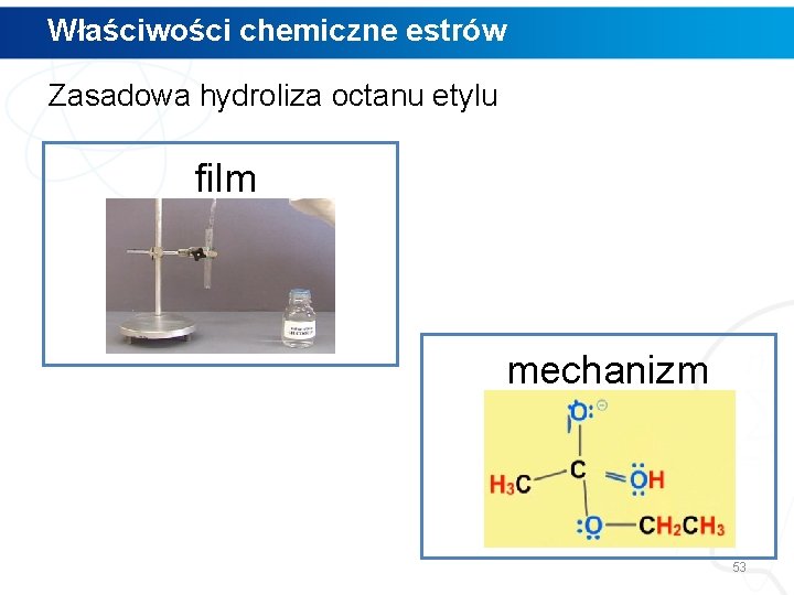 Właściwości chemiczne estrów Zasadowa hydroliza octanu etylu film mechanizm 53 