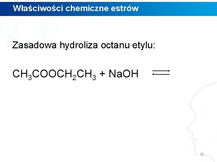 Właściwości chemiczne estrów Zasadowa hydroliza octanu etylu: CH 3 COOCH 2 CH 3 +