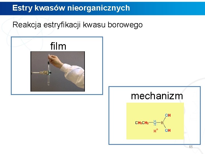 Estry kwasów nieorganicznych Reakcja estryfikacji kwasu borowego film mechanizm 65 