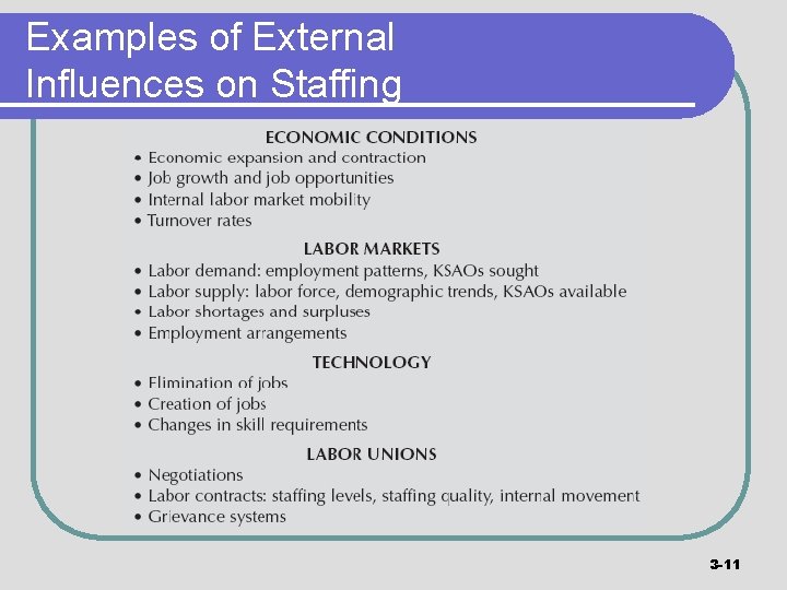 Examples of External Influences on Staffing 3 -11 