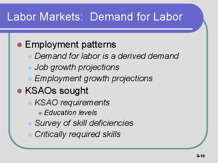 Labor Markets: Demand for Labor l Employment patterns Demand for labor is a derived