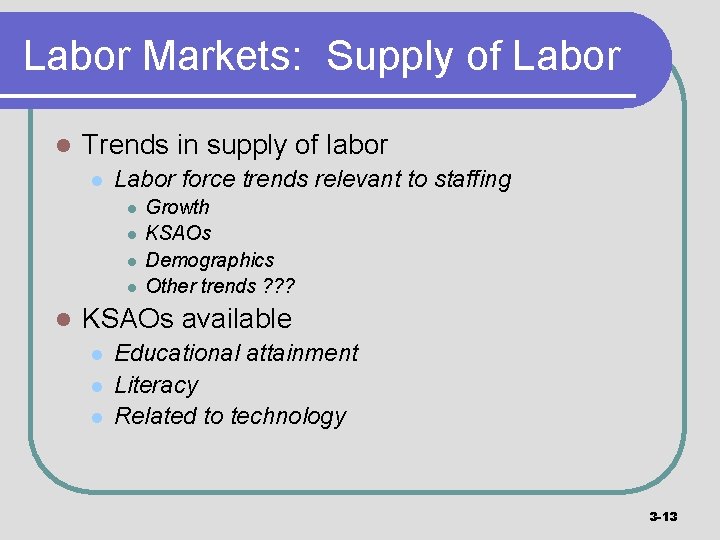 Labor Markets: Supply of Labor l Trends in supply of labor l Labor force
