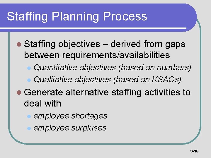 Staffing Planning Process l Staffing objectives – derived from gaps between requirements/availabilities Quantitative objectives