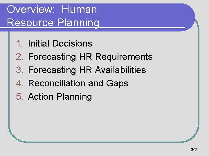 Overview: Human Resource Planning 1. 2. 3. 4. 5. Initial Decisions Forecasting HR Requirements