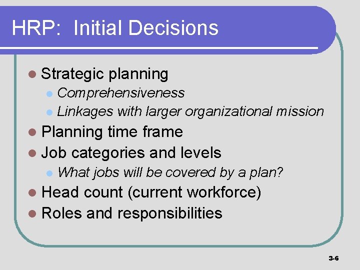 HRP: Initial Decisions l Strategic planning Comprehensiveness l Linkages with larger organizational mission l