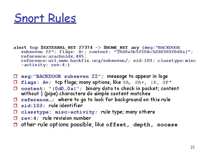 Snort Rules alert tcp $EXTERNAL_NET 27374 -> $HOME_NET any (msg: "BACKDOOR subseven 22"; flags: