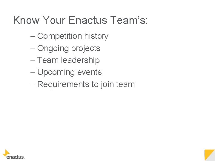 Know Your Enactus Team’s: – Competition history – Ongoing projects – Team leadership –