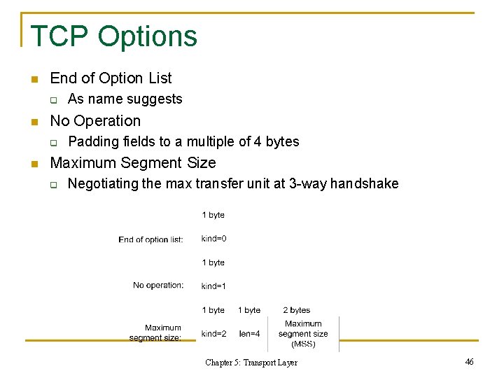 TCP Options n End of Option List q n No Operation q n As