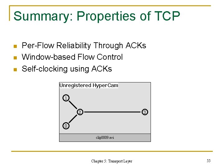Summary: Properties of TCP n n n Per-Flow Reliability Through ACKs Window-based Flow Control