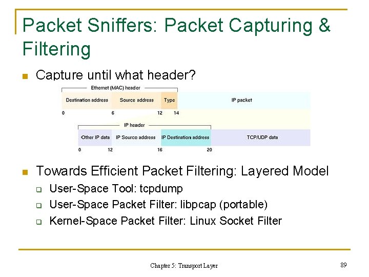 Packet Sniffers: Packet Capturing & Filtering n Capture until what header? n Towards Efficient