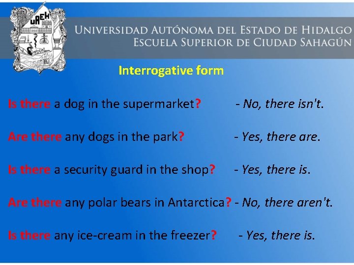 Interrogative form Is there a dog in the supermarket? - No, there isn't. Are