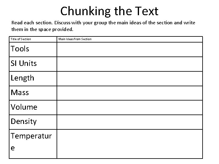 Chunking the Text Read each section. Discuss with your group the main ideas of