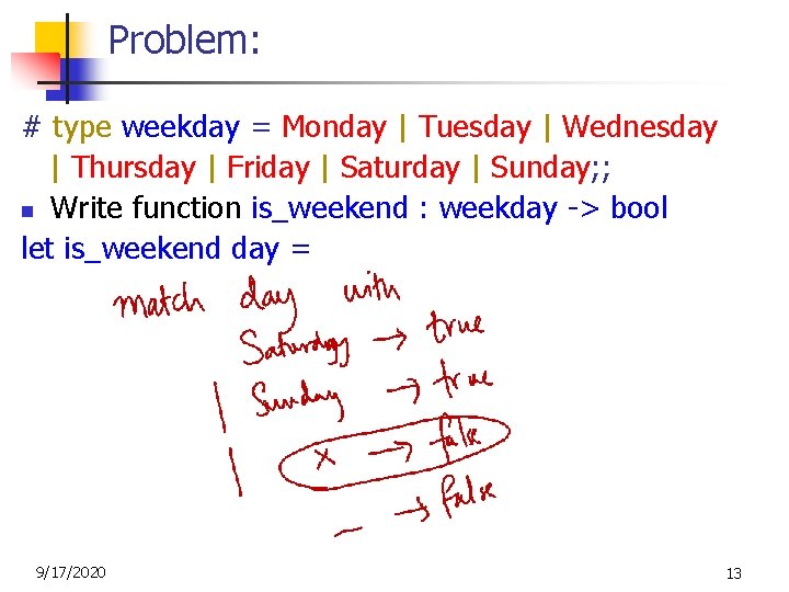 Problem: # type weekday = Monday | Tuesday | Wednesday | Thursday | Friday