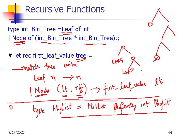 Recursive Functions type int_Bin_Tree =Leaf of int | Node of (int_Bin_Tree * int_Bin_Tree); ;