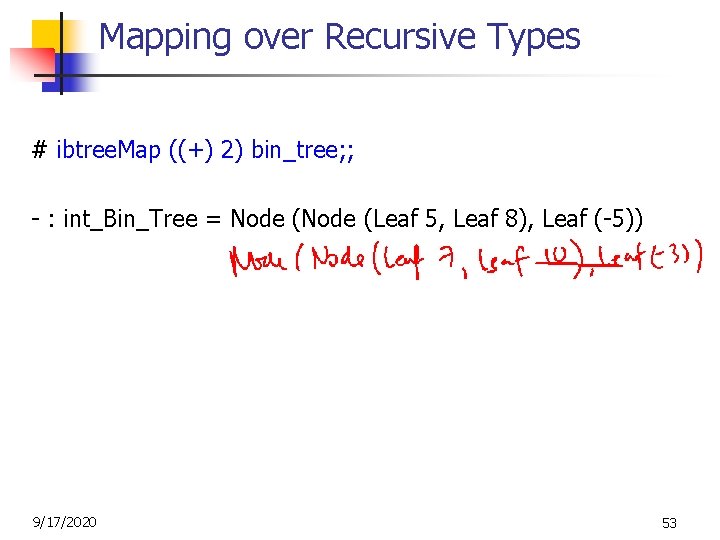 Mapping over Recursive Types # ibtree. Map ((+) 2) bin_tree; ; - : int_Bin_Tree