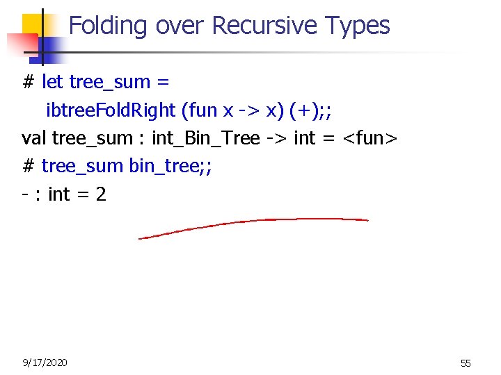 Folding over Recursive Types # let tree_sum = ibtree. Fold. Right (fun x ->