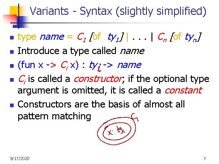 Variants - Syntax (slightly simplified) n n n type name = C 1 [of
