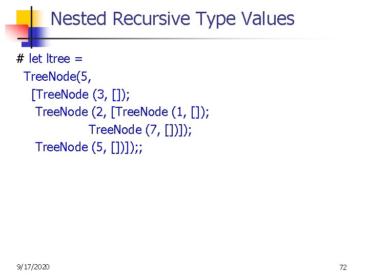 Nested Recursive Type Values # let ltree = Tree. Node(5, [Tree. Node (3, []);