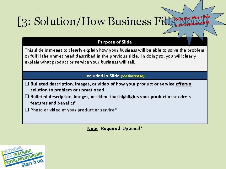 slide Remove this only! Instructions [3: Solution/How Business Fills Need] Purpose of Slide This