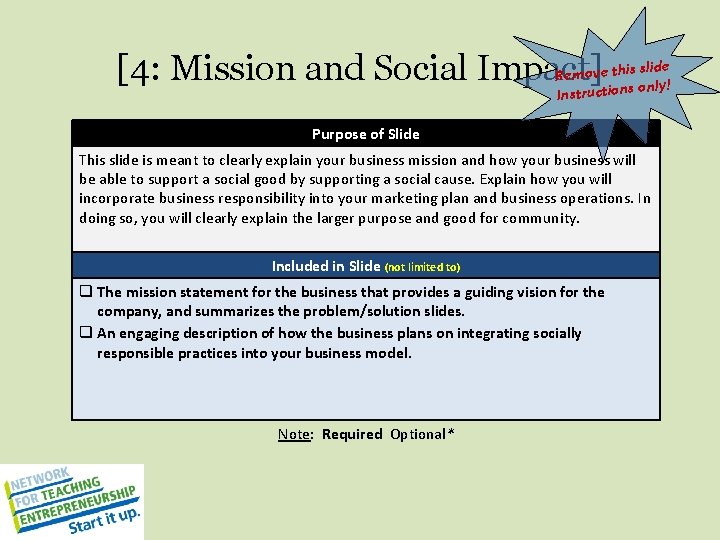 slide [4: Mission and Social Impact] Remove this uctions only! Instr Purpose of Slide