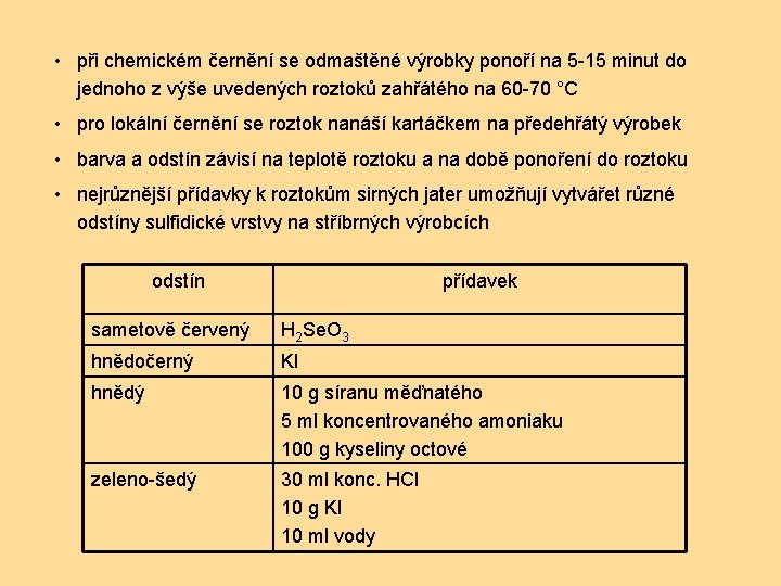  • při chemickém černění se odmaštěné výrobky ponoří na 5 -15 minut do