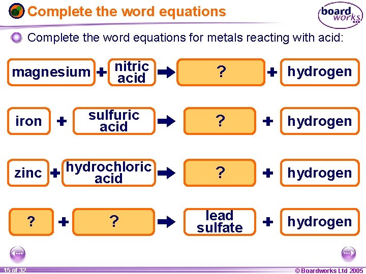 Complete the word equations for metals reacting with acid: magnesium iron zinc lead ?