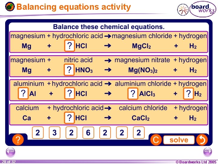 Balancing equations activity 1 28 ofof 20 32 © Boardworks Ltd 2005 2004 