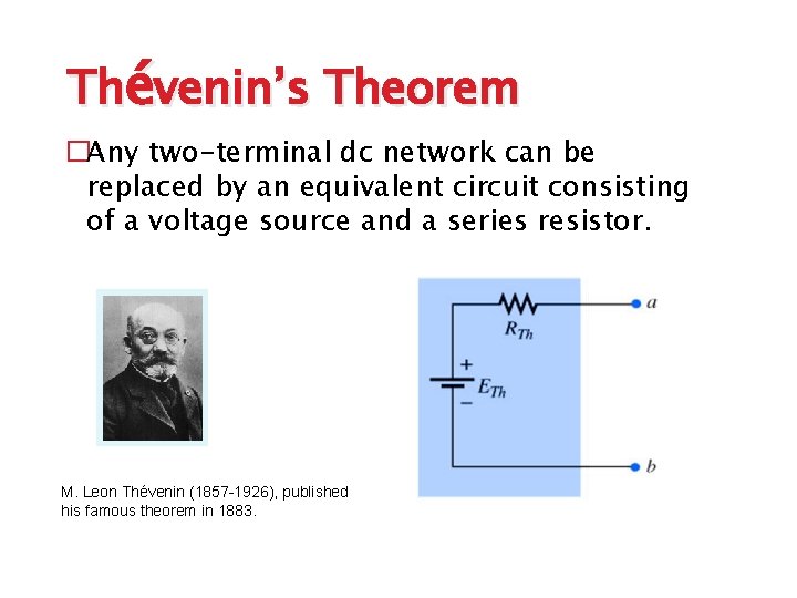 Thévenin’s Theorem �Any two-terminal dc network can be replaced by an equivalent circuit consisting