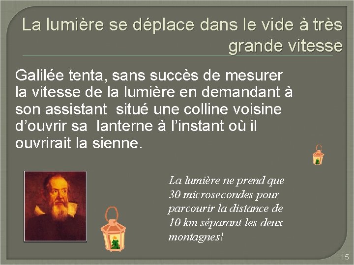 La lumière se déplace dans le vide à très grande vitesse Galilée tenta, sans