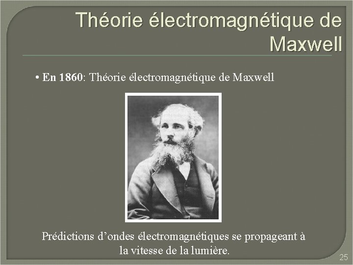 Théorie électromagnétique de Maxwell • En 1860: Théorie électromagnétique de Maxwell Prédictions d’ondes électromagnétiques