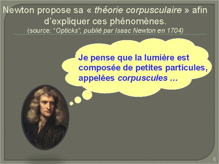 Newton propose sa « théorie corpusculaire » afin d’expliquer ces phénomènes. (source: “Opticks”, publié