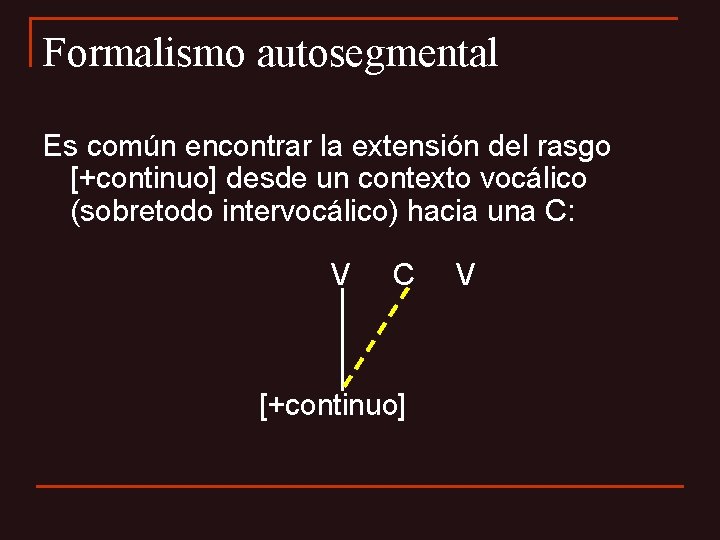 Formalismo autosegmental Es común encontrar la extensión del rasgo [+continuo] desde un contexto vocálico