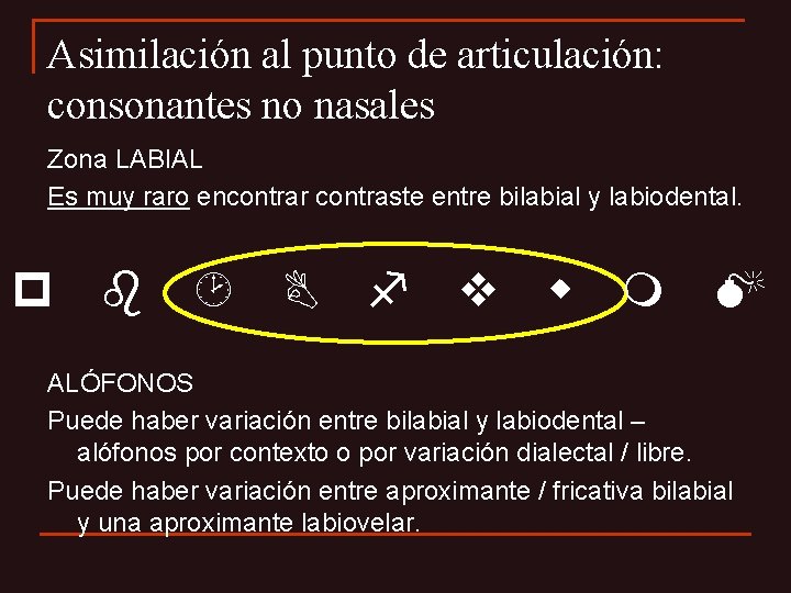 Asimilación al punto de articulación: consonantes no nasales Zona LABIAL Es muy raro encontrar
