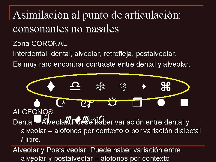 Asimilación al punto de articulación: consonantes no nasales Zona CORONAL Interdental, alveolar, retrofleja, postalveolar.