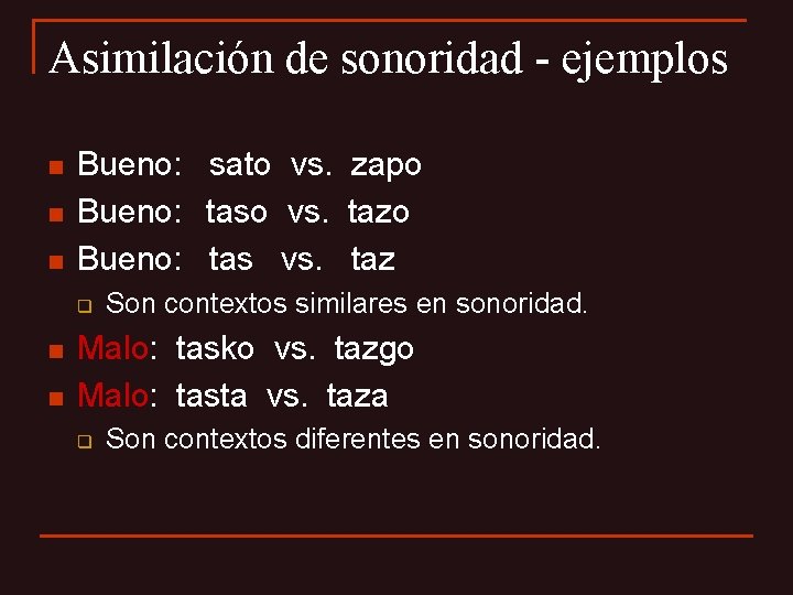 Asimilación de sonoridad - ejemplos n n n Bueno: sato vs. zapo Bueno: taso