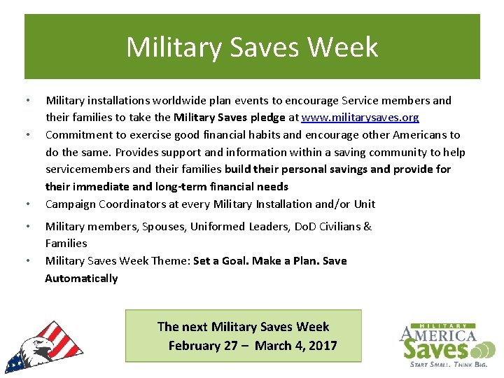 Military Saves Week • • • Military installations worldwide plan events to encourage Service