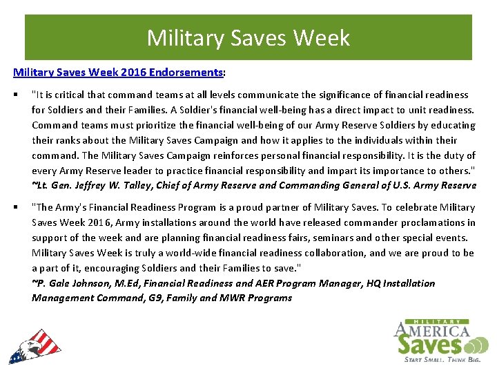 Military Saves Week 2016 Endorsements: § "It is critical that command teams at all