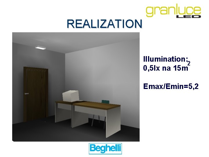 REALIZATION Illumination: 2 0, 5 lx na 15 m Emax/Emin=5, 2 